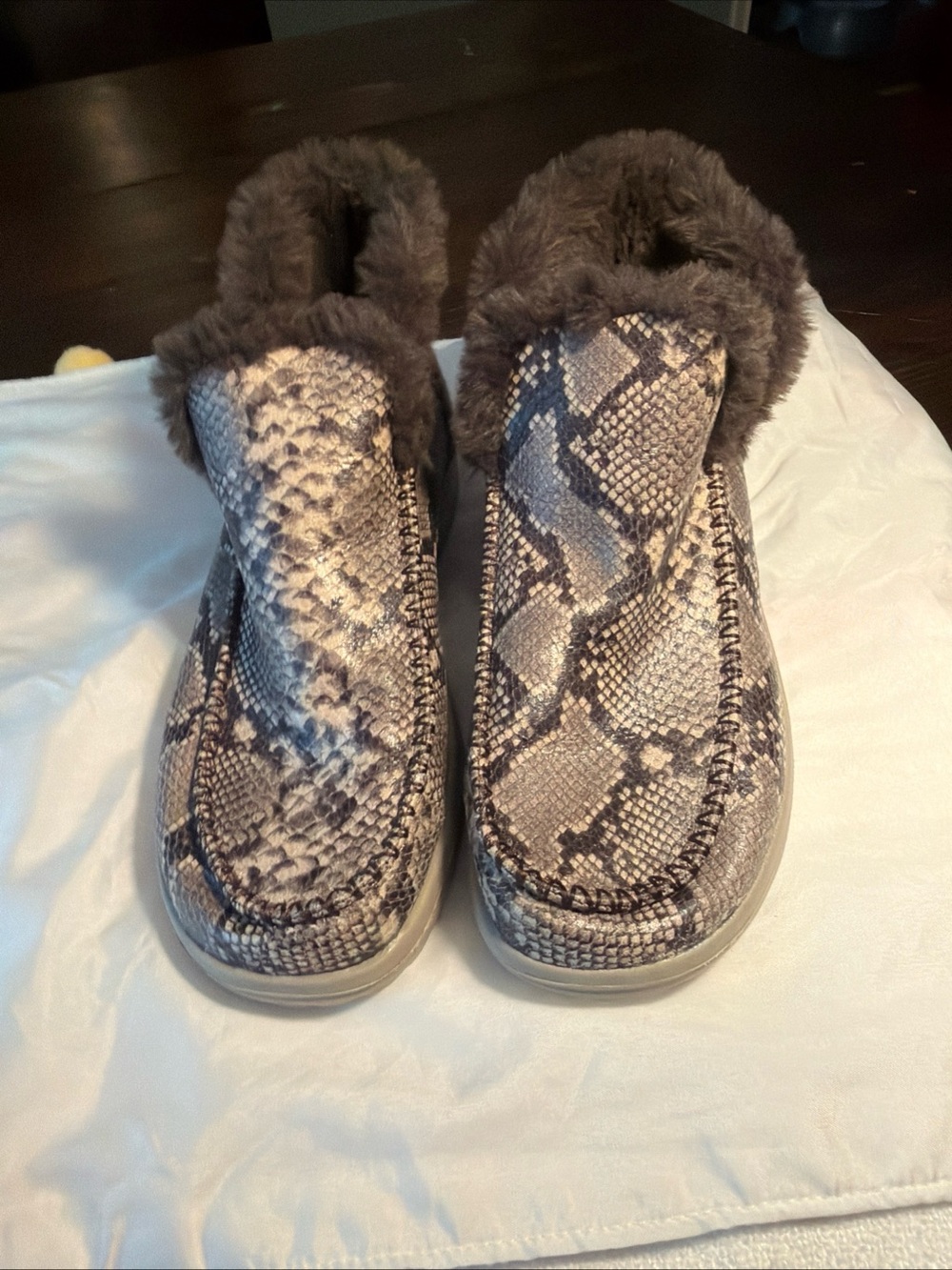 Hey Dude Women's Snake-Print Faux Fur Slip-Ons - Gray/Brown